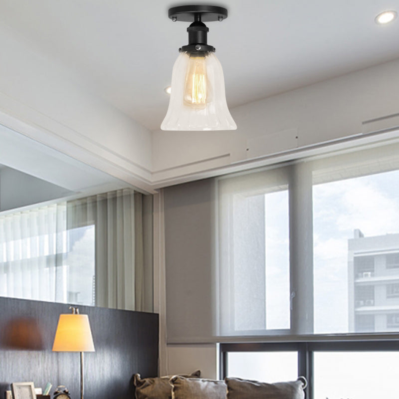 Industrial Flared Glass Semi Flush Mount Light With Clear Bulb In Black/Bronze/Copper Black