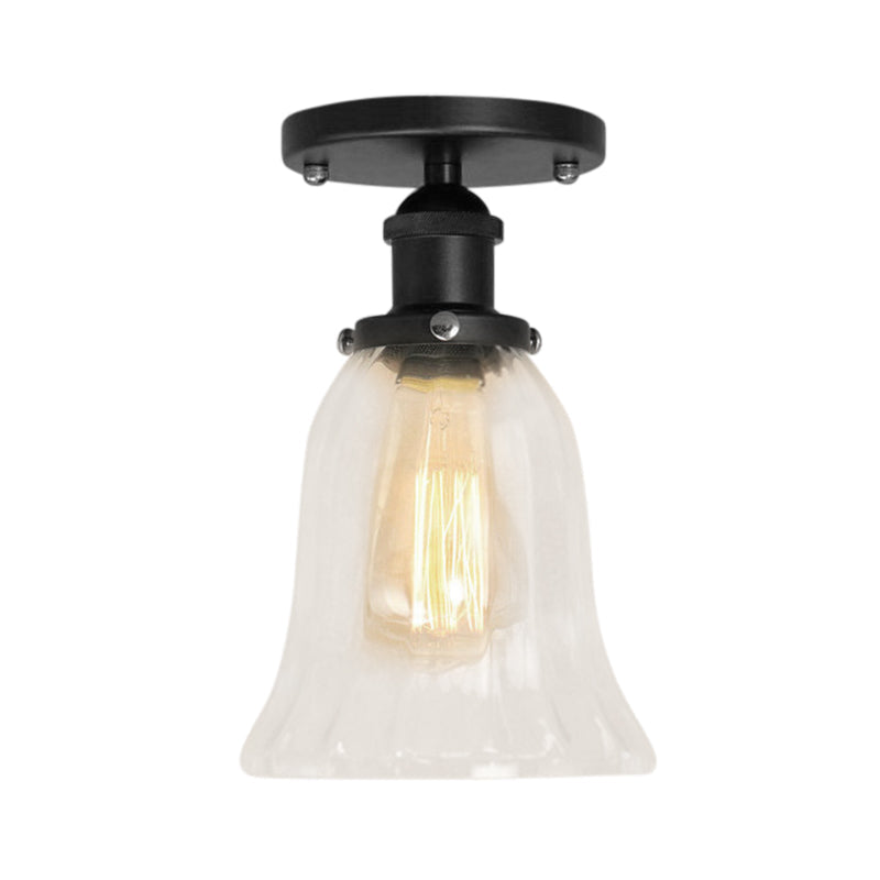 Industrial Flared Glass Semi Flush Mount Light With Clear Bulb In Black/Bronze/Copper