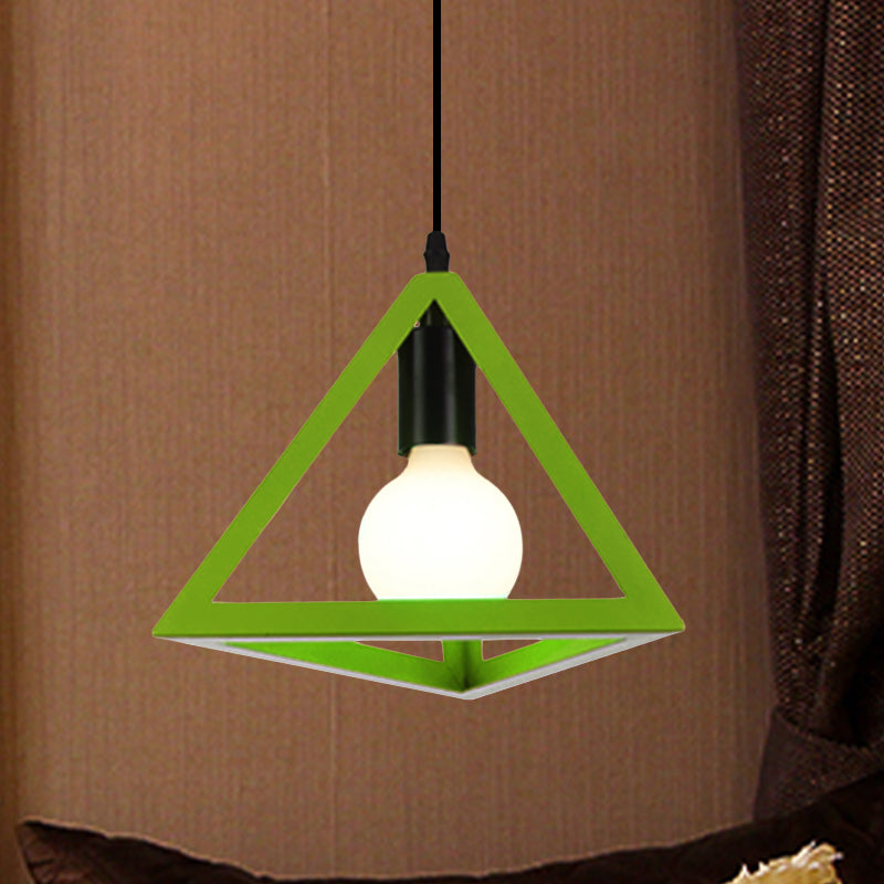 Retro Stylish Metal Hanging Lamp With Triangle Cage Shade - Red/Blue Pendant Lighting Fixture For