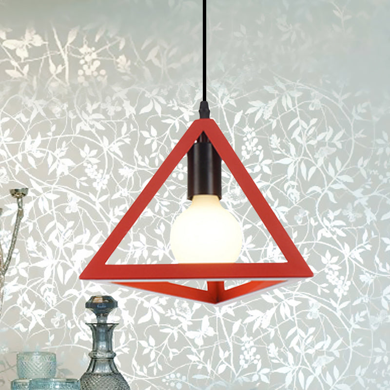 Retro Stylish Metal Hanging Lamp With Triangle Cage Shade - Red/Blue Pendant Lighting Fixture For