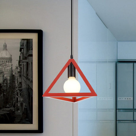 Retro Stylish Metal Hanging Lamp With Colorful Triangle Cage Shade Pendant Lighting For Living Room
