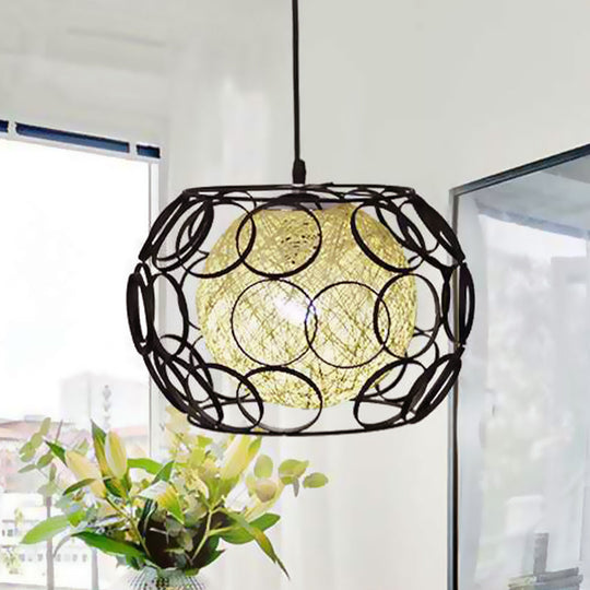 Modern Metal Hanging Pendant Light With Wire Guard And Weave Ball Shade White/Green 10/12.5 W Black