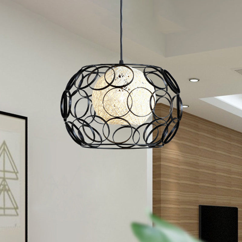 Modern Metal Hanging Pendant Light With Wire Guard And Weave Ball Shade – White/Green 10’/12.5’ W