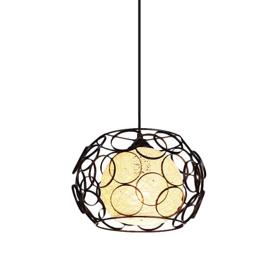 Modern Metal Hanging Pendant Light With Wire Guard And Weave Ball Shade – White/Green 10’/12.5’ W