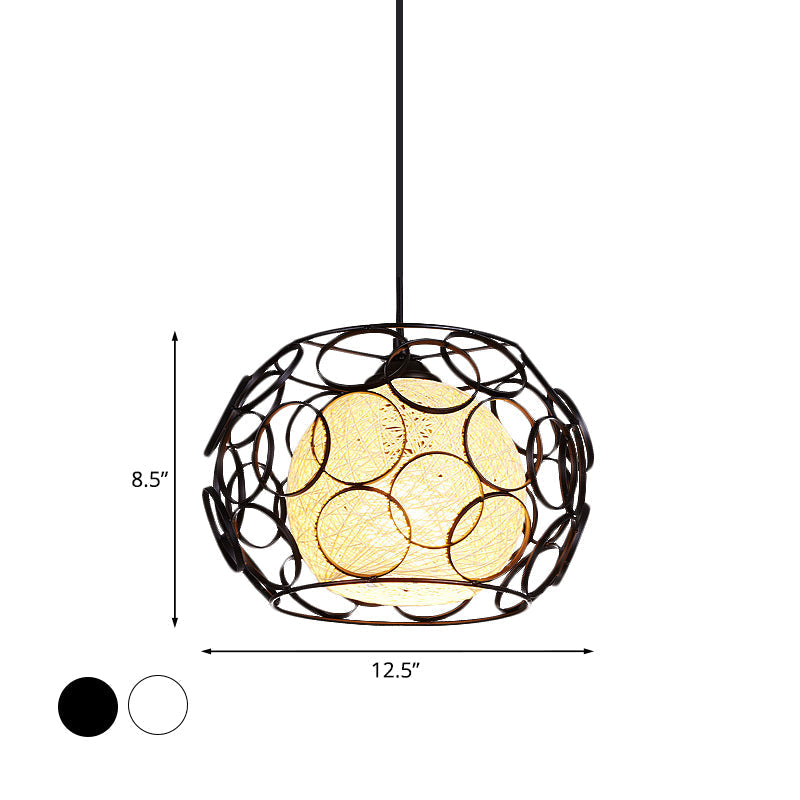 Modern Metal Hanging Pendant Light With Wire Guard And Weave Ball Shade White/Green 10/12.5 W