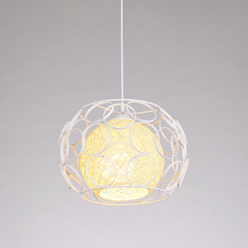 Modern Metal Hanging Pendant Light With Wire Guard And Weave Ball Shade White/Green 10/12.5 W