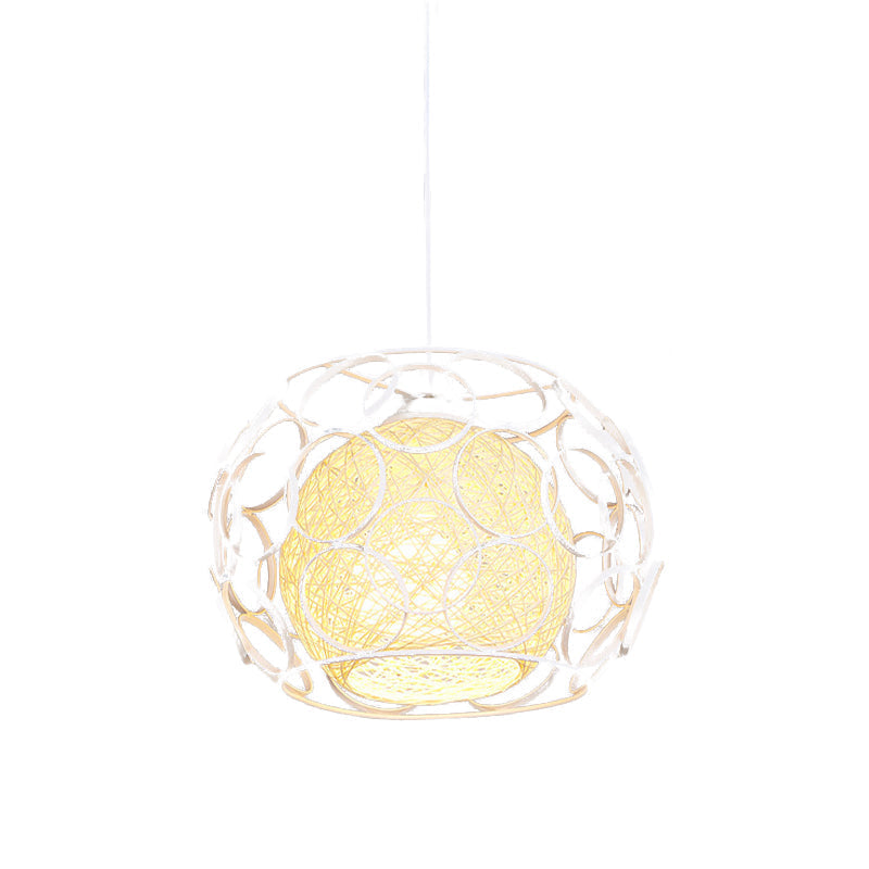 Modern Metal Hanging Pendant Light With Wire Guard And Weave Ball Shade – White/Green 10’/12.5’ W