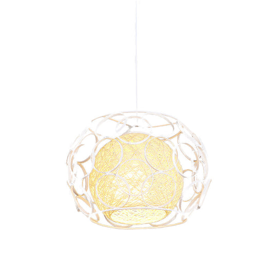 Modern Metal Hanging Pendant Light With Wire Guard And Weave Ball Shade – White/Green 10’/12.5’ W