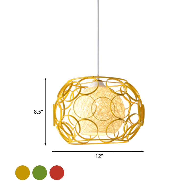Modern Metal Hanging Pendant Light With Wire Guard And Weave Ball Shade – White/Green 10’/12.5’ W