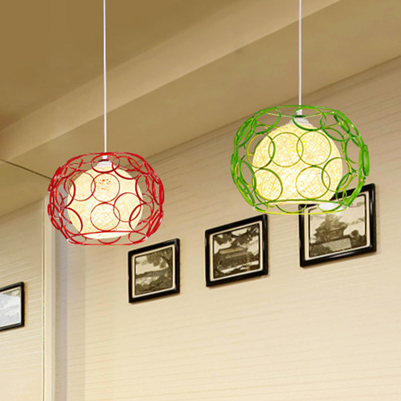 Modern Metal Hanging Pendant Light With Wire Guard And Weave Ball Shade – White/Green