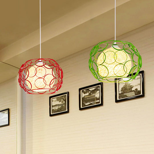 Modern Metal Hanging Pendant Light With Wire Guard And Weave Ball Shade – White/Green