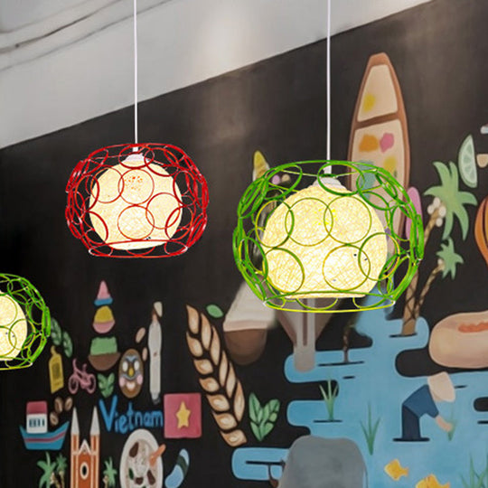 Modern Metal Hanging Pendant Light With Wire Guard And Weave Ball Shade – White/Green 10’/12.5’ W