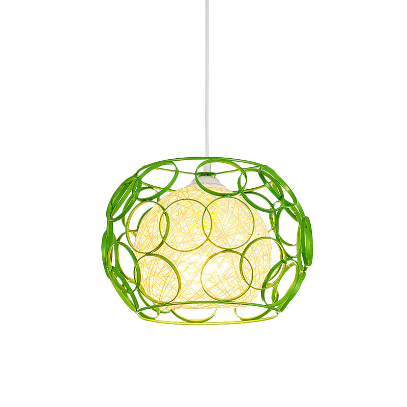 Modern Metal Hanging Pendant Light With Wire Guard And Weave Ball Shade White/Green 10/12.5 W