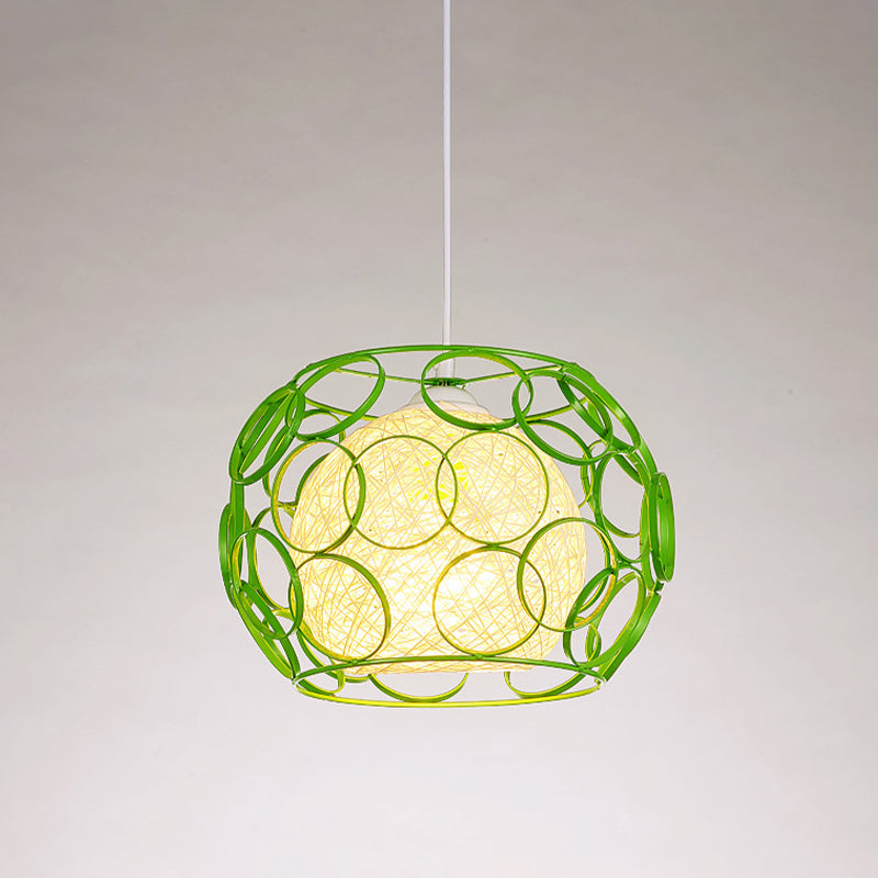 Modern Metal Hanging Pendant Light With Wire Guard And Weave Ball Shade White/Green 10/12.5 W