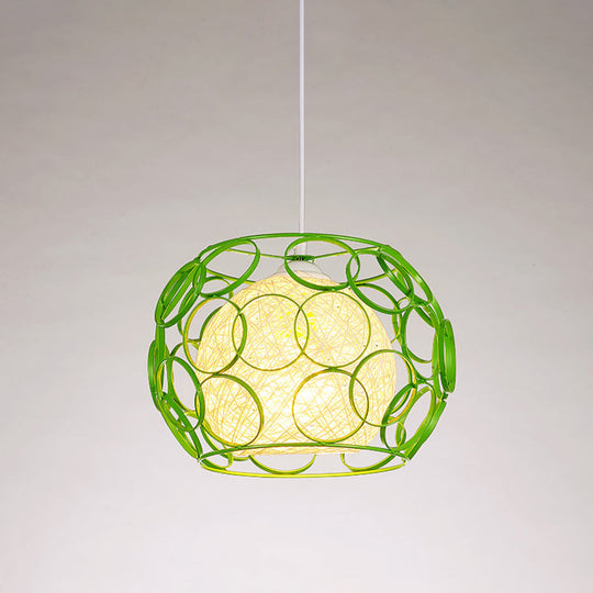 Modern Metal Hanging Pendant Light With Wire Guard And Weave Ball Shade White/Green 10/12.5 W