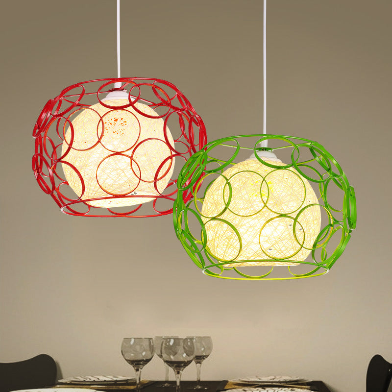 Modern Metal Hanging Pendant Light With Wire Guard And Weave Ball Shade White/Green 10/12.5 W Red /