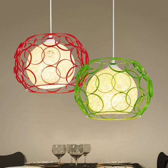 Modern Metal Hanging Pendant Light With Wire Guard And Weave Ball Shade White/Green 10/12.5 W Red /
