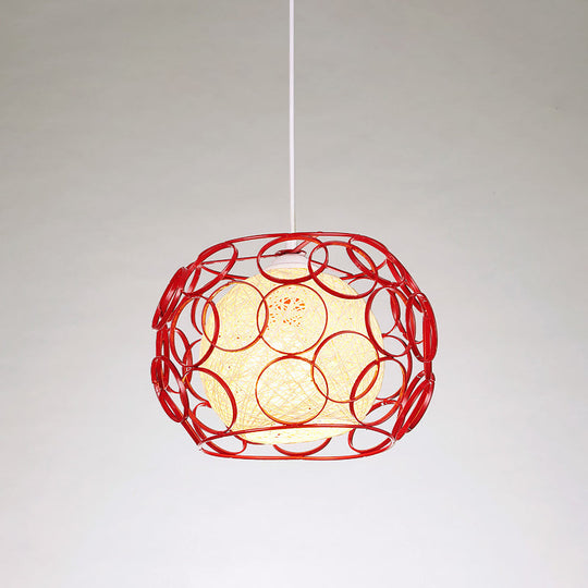 Modern Metal Hanging Pendant Light With Wire Guard And Weave Ball Shade – White/Green 10’/12.5’ W