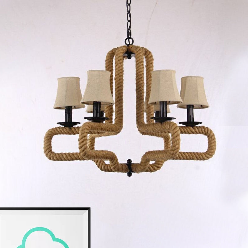 Hanging Chandelier Light With Bell Fabric Shades Loft Style 6 Heads Brown Rope Detail - Perfect For