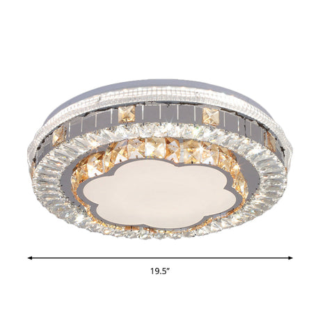 Modern White Crystal Flush Mount Ceiling Light With Led And Trellis/Flower Cut Design