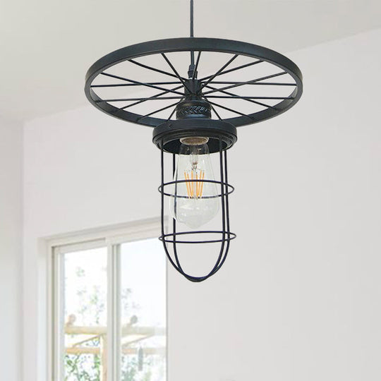 Industrial-Style Black Metal Wire Cage Ceiling Fixture Pendant Light With Wheel Deco - Dining Room