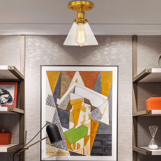 Industrial Clear Glass Ceiling Light In Black/Brass/Copper - Single Bulb Semi Flush Mount Brass