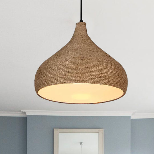 Stylish Hemp Rope Teardrop Pendant Light: Lodge-Inspired Beige Suspension Lamp With 1 Bulb For
