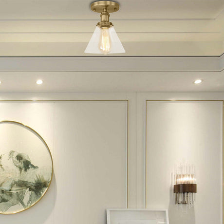 Industrial Clear Glass Ceiling Light In Black/Brass/Copper - Single Bulb Semi Flush Mount Antique
