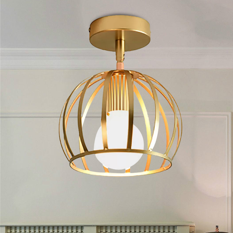 Triangle Brass Semi - Flush Bedroom Ceiling Lamp With Industrial Wire Frame