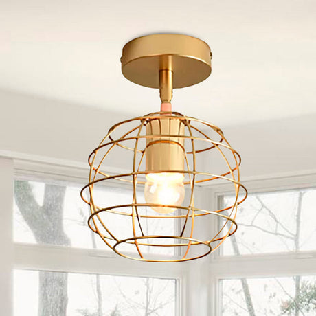Triangle Brass Semi-Flush Bedroom Ceiling Lamp With Industrial Wire Frame