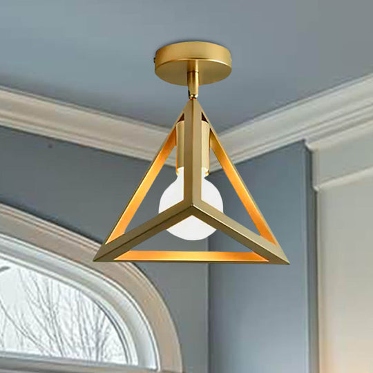 Triangle Brass Semi - Flush Bedroom Ceiling Lamp With Industrial Wire Frame
