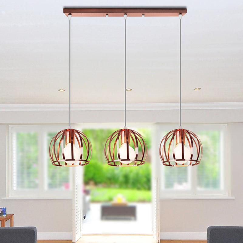 Copper Industrial Pendant Lamp With 3 Metal Dome Shades And Wire Cage - Perfect For Living Room