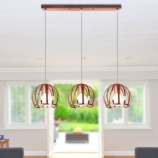 Copper Industrial Pendant Lamp With 3 Metal Dome Shades And Wire Cage - Perfect For Living Room