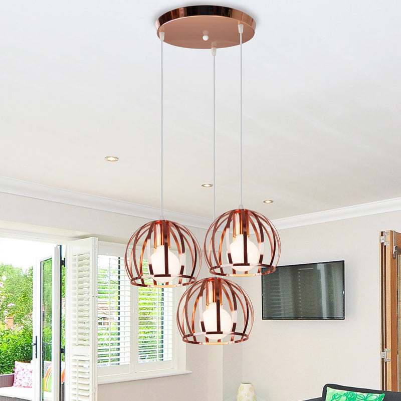 Copper Industrial Pendant Lamp With 3 Metal Dome Shades And Wire Cage - Perfect For Living Room