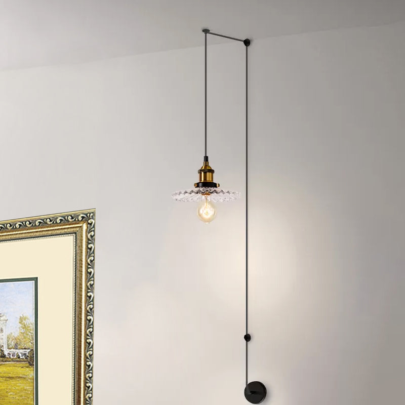 Industrial Ribbed Glass Cone Hanging Lamp - Brass Pendant Light For Indoor