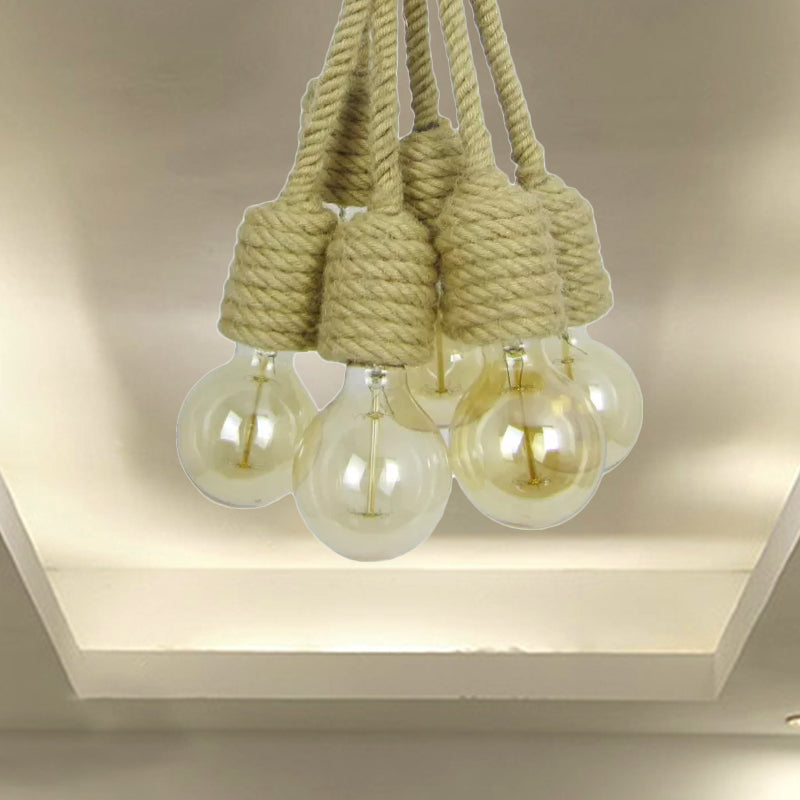 Hemp Rope Cluster Pendant Lamp - Industrial Beige Hanging Light For Farmhouse