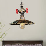 Rustic Brass Scalloped Ceiling Pendant Light With Pipe And Valve