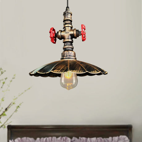 Rustic Brass Scalloped Ceiling Pendant Light With Pipe And Valve