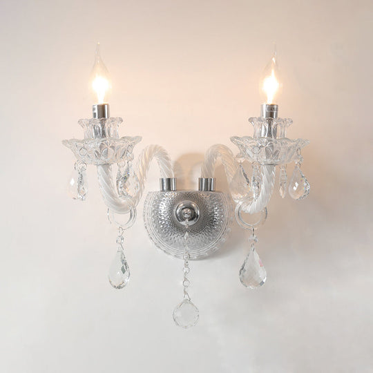 Contemporary Candelabra Wall Sconce With Clear Faceted Crystals And Droplets - 2 Bulbs