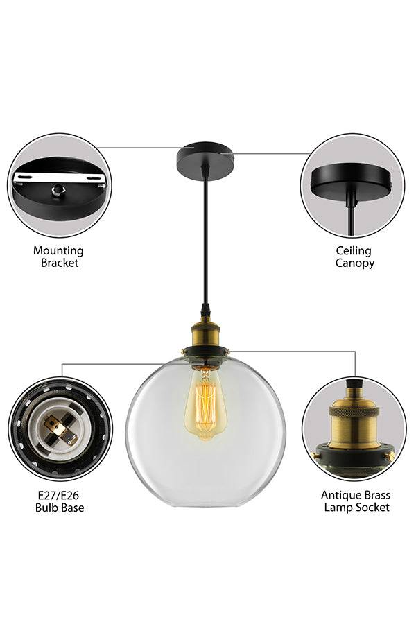 Industrial Round Pendant Light - 1 Clear Glass Hanging Lamp In Brass (8’/10’/12’ Wide)