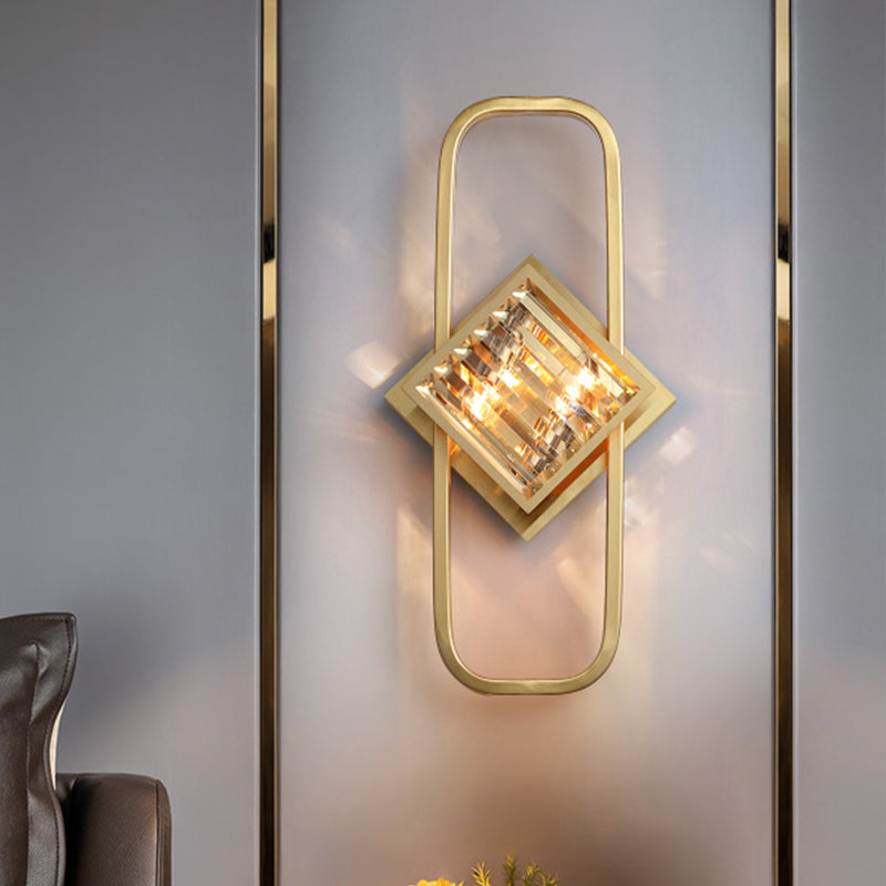 Modern Gold Wall Lamp With Clear Crystal Blocks - Square Lighting In A Rectangular Frame