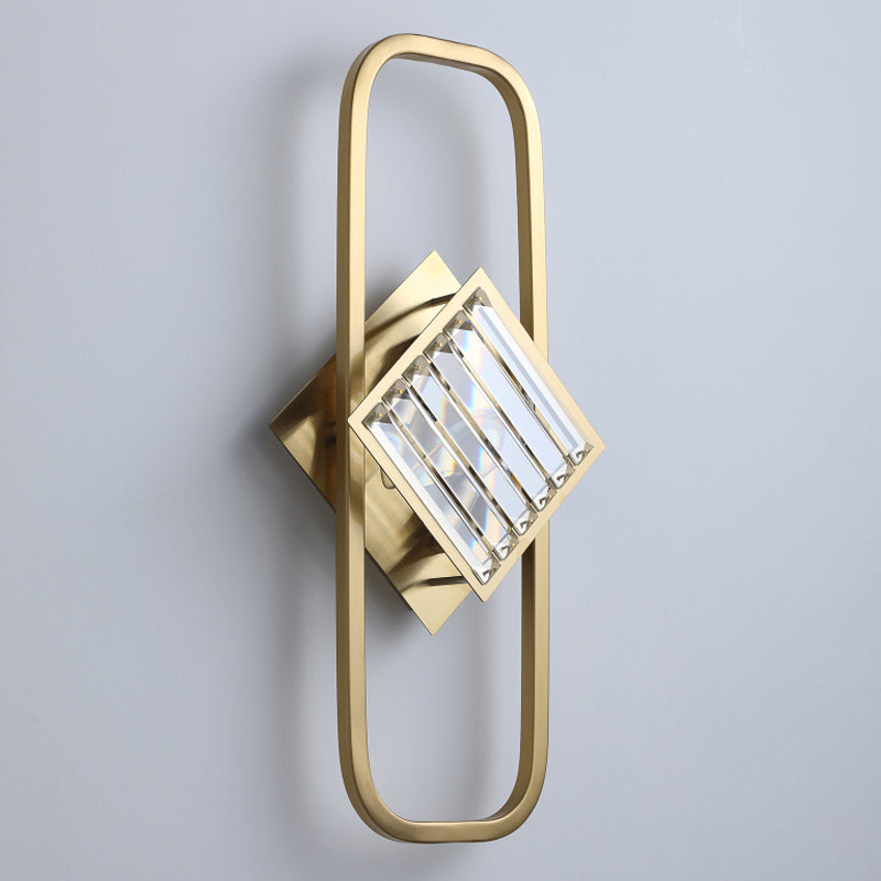 Modern Gold Wall Lamp With Clear Crystal Blocks - Square Lighting In A Rectangular Frame
