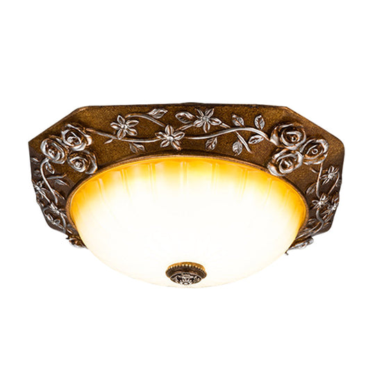 Traditional Flush Mount Led Ceiling Light With Carved Bloom Design In Brown 14’/16’ Wide