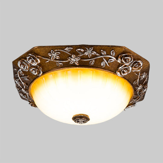 Traditional Flush Mount Led Ceiling Light With Carved Bloom Design In Brown 14’/16’ Wide