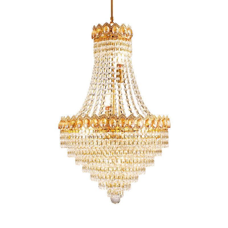 Contemporary Gold Crystal Ceiling Chandelier With Conical Down Lighting - Ideal For Parlor 5/8-Bulb
