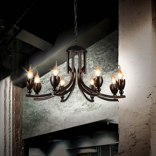 Retro Dark Rust Chandelier With 8 Candle Bulbs - Wrought Iron Pendant Lamp Curved Arm