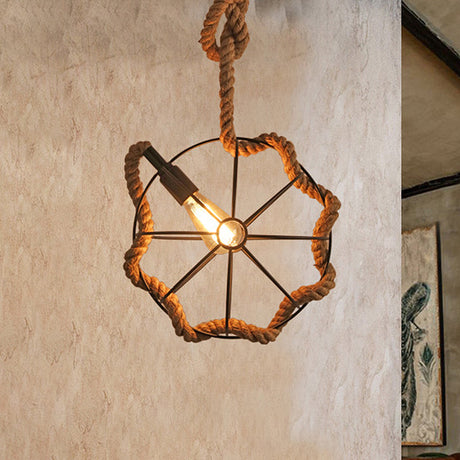 Industrial Beige Rope And Metal Adjustable Pendant Ceiling Light - Head Wheel Cage Design