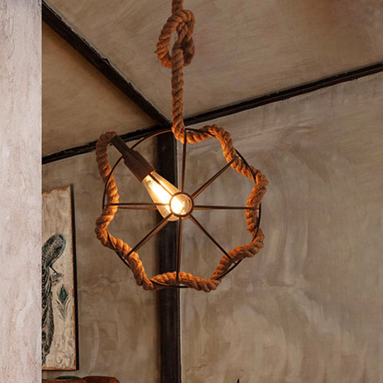 Adjustable Industrial Pendant Light With Beige Rope And Metal Cage Design