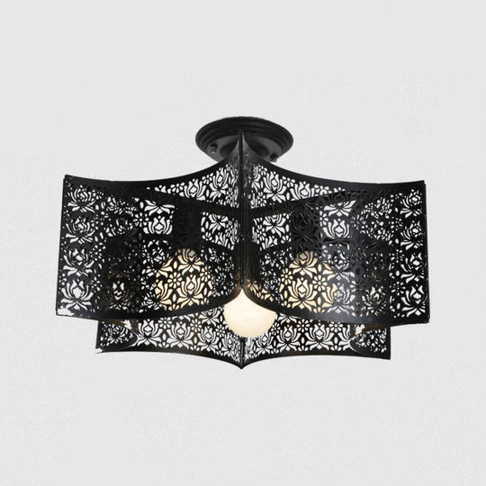 Black Drum Design Semi Flush Light - Vintage Retro Metallic 3-Head Foyer Mount 16’/16.5’ W