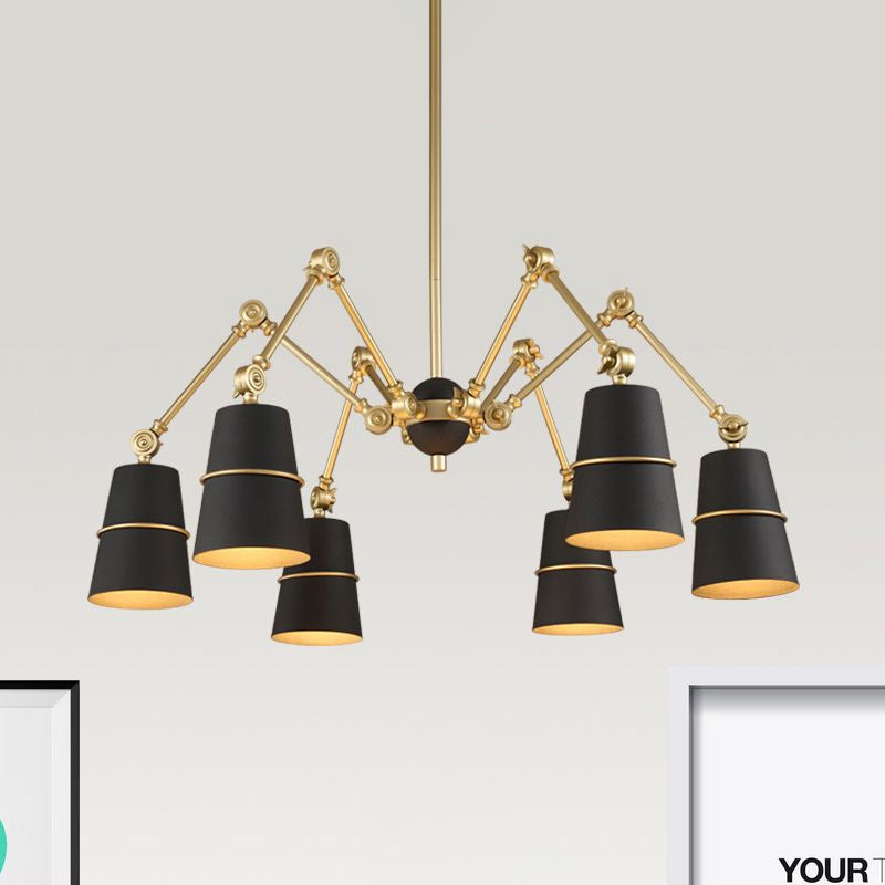 Retro Style 6-Light Spider Chandelier With Cone Shades - Black & Gold Metal Suspension Light